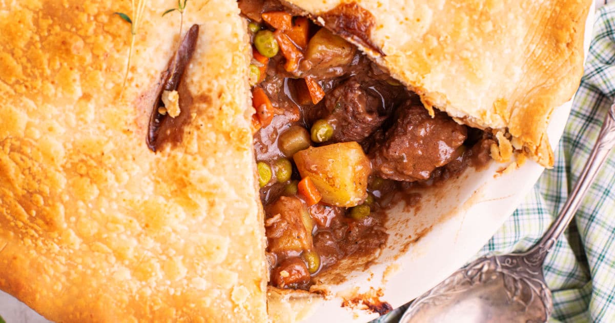 Close up of the inside of a beef pot pie.