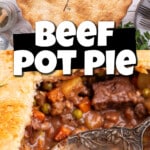 A long collage of two images showing a beef pot pie from over head and a shot of the inside of the pie, with a spoon resting, with text overlay for Pinterest.