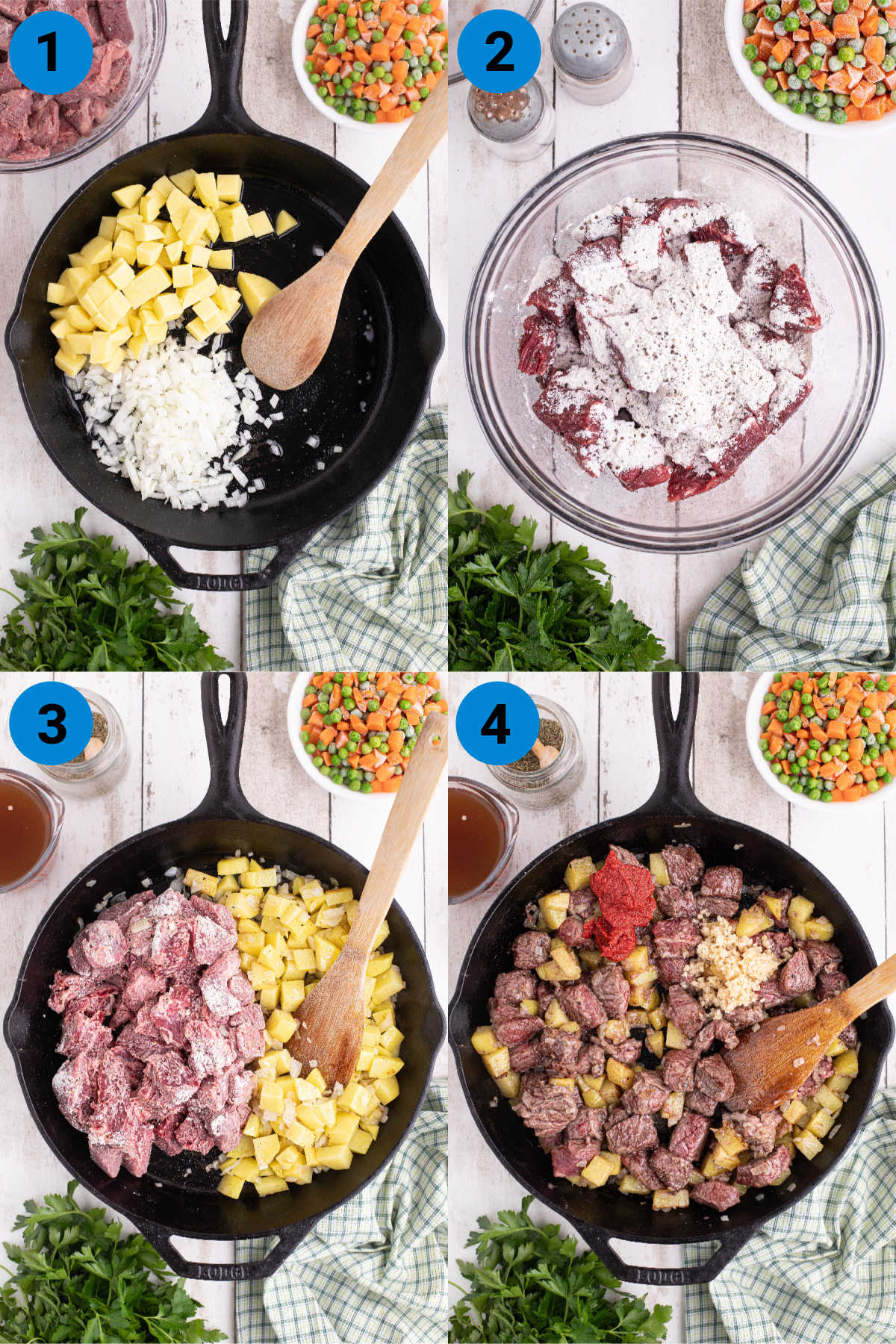 A collage of four images showing how to make a beef pot pie, recipe steps 1-4.