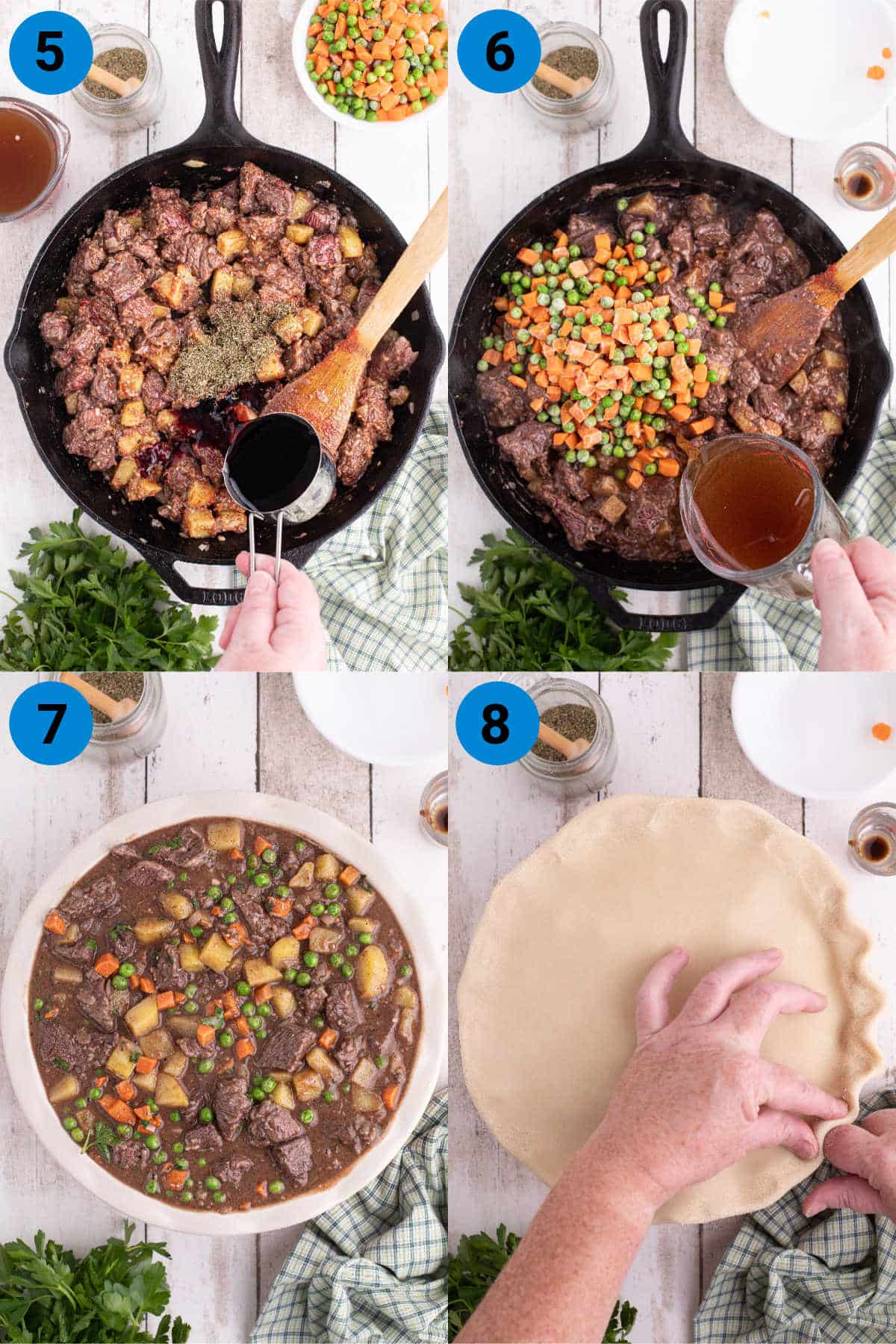 A collage of four images showing how to make a beef pot pie, recipe steps 5-8.