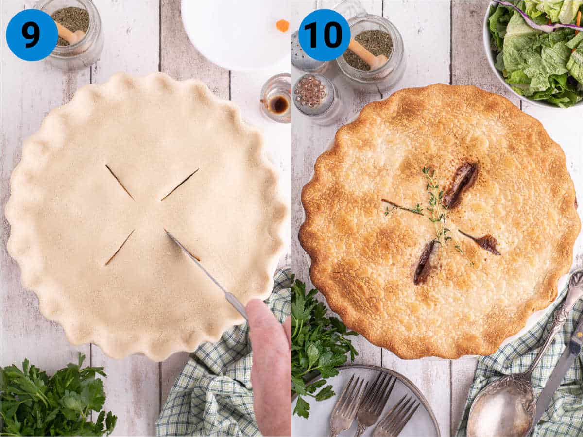 A collage of two images showing how to make a beef pot pie, recipe steps 9-10.