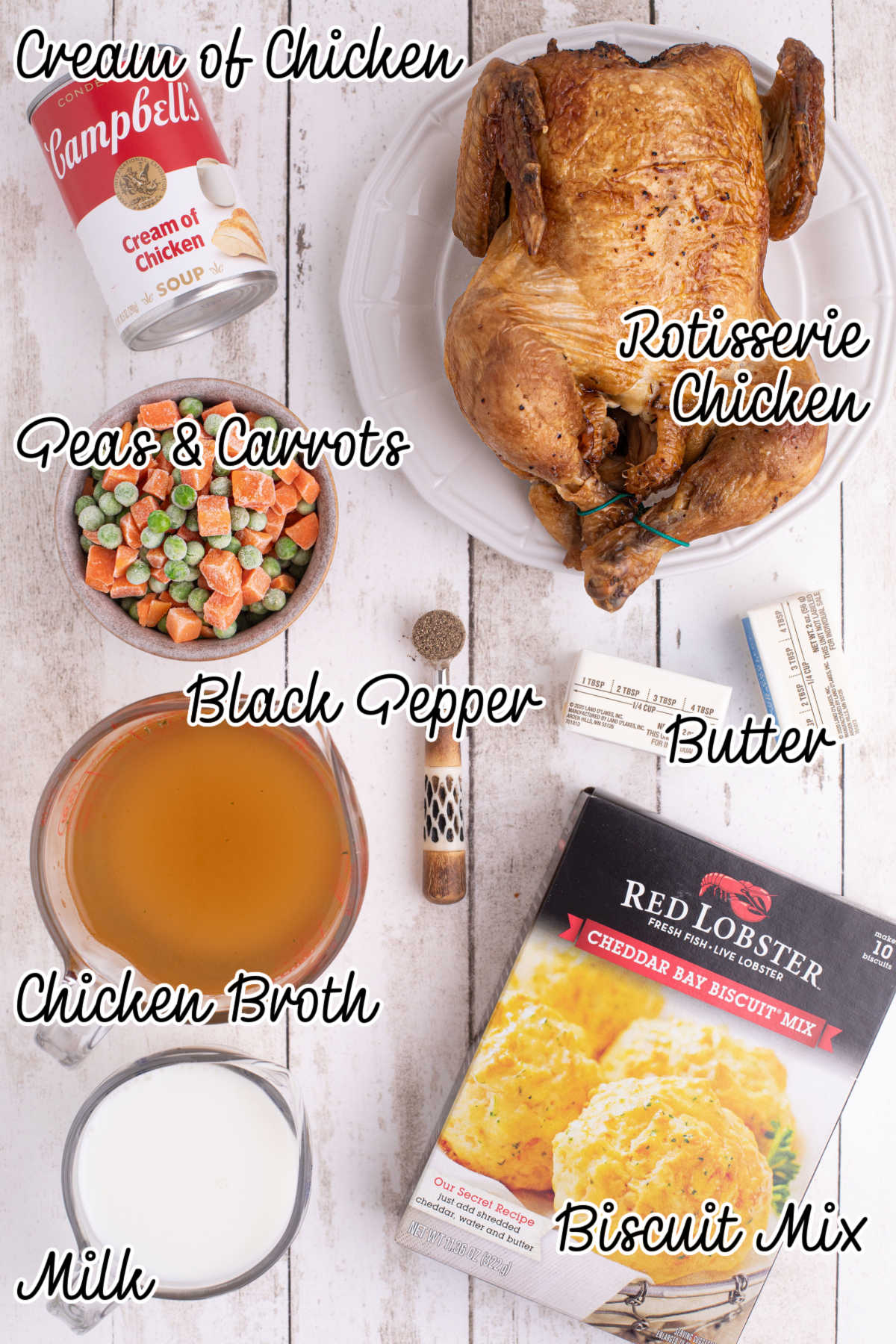 Overhead shot of ingredients needed to make a chicken cobbler recipe with red lobster biscuit mix. There's text overlay over the ingredients.