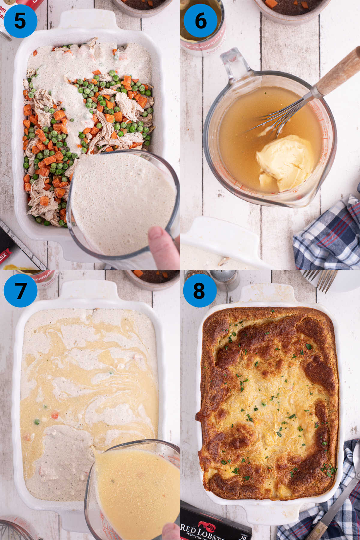 A collage of four images showing how to make a chicken cobbler recipe, steps 5 through 8.