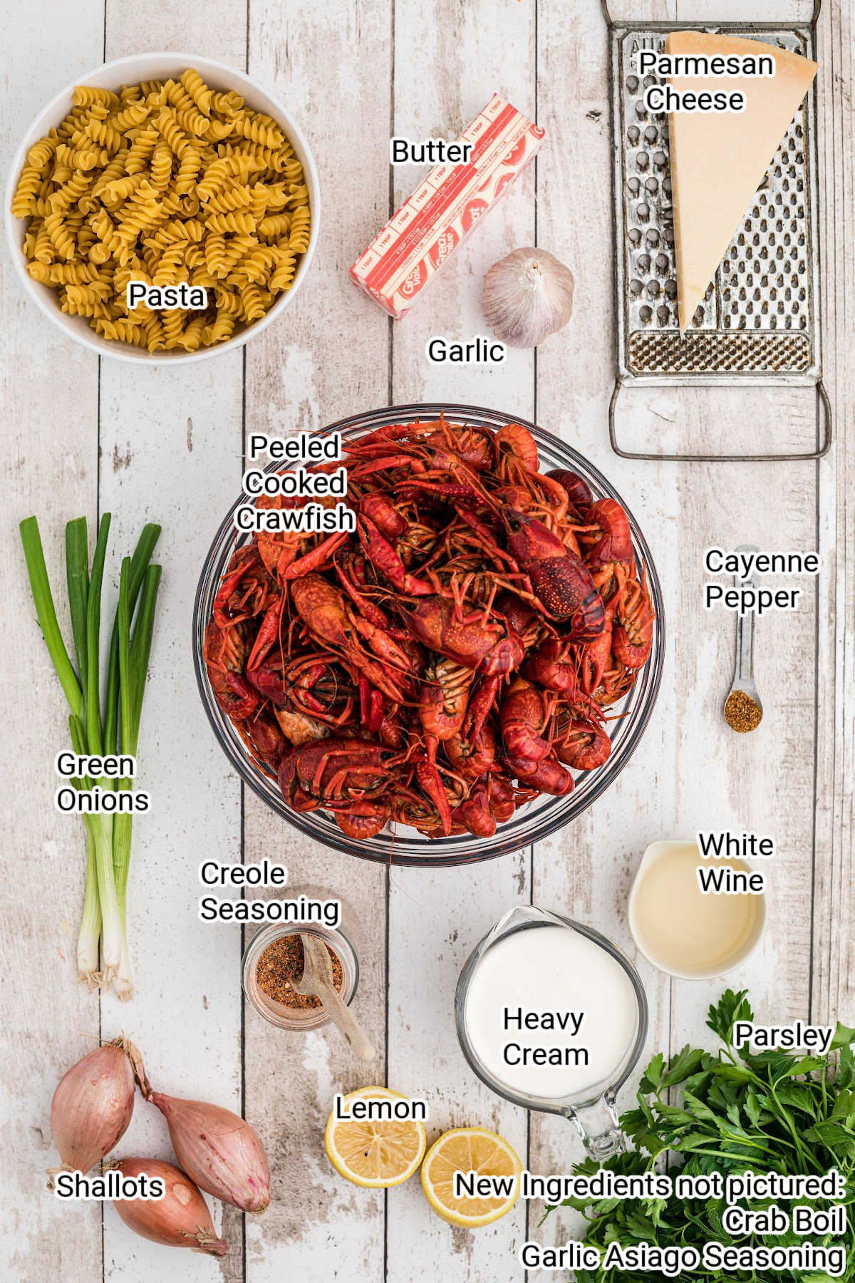 Ingredients laid out to show what would be in a Crawfish Monica.
