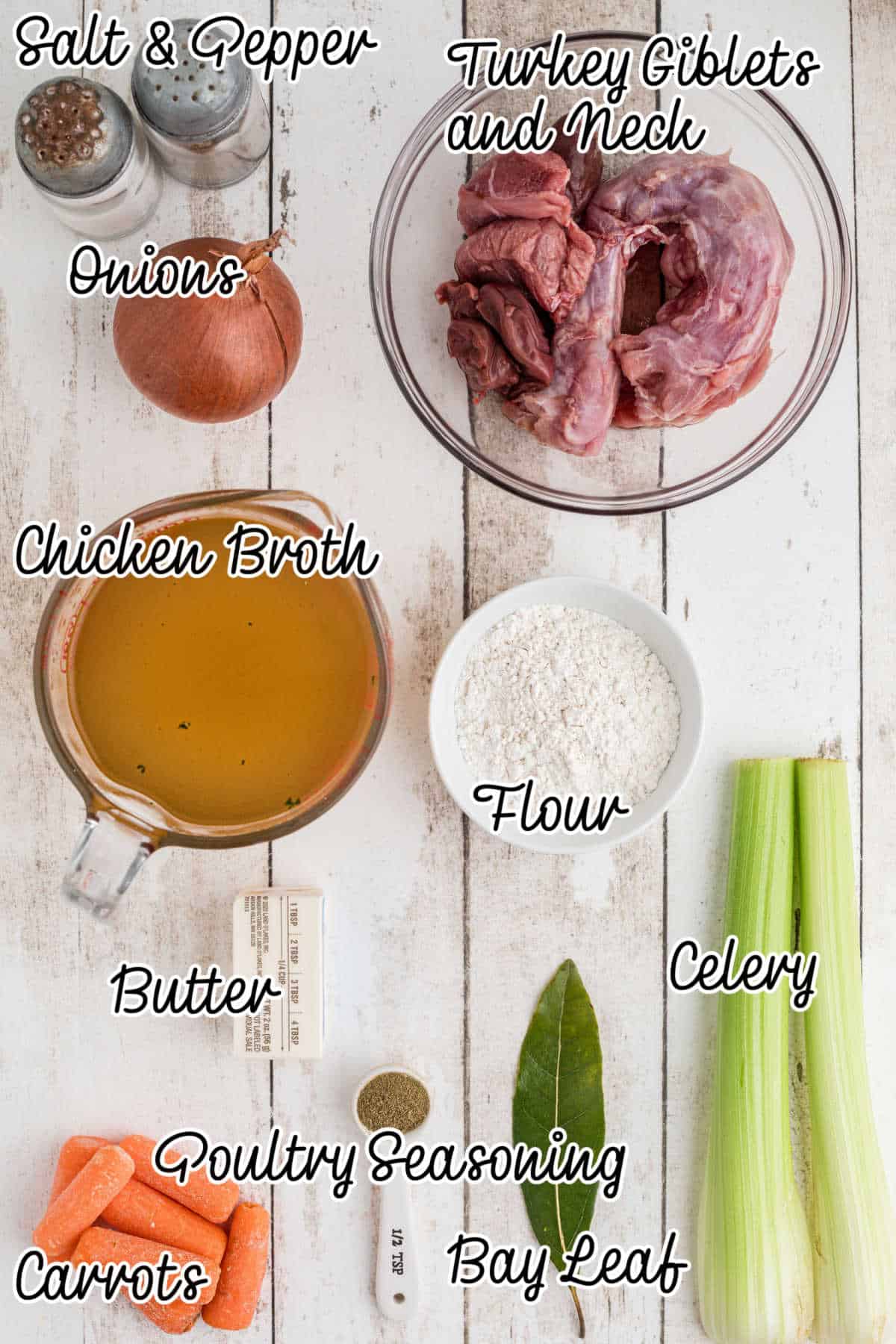 Overhead shot of ingredients needed to make a southern giblet gravy recipe with text overlay.