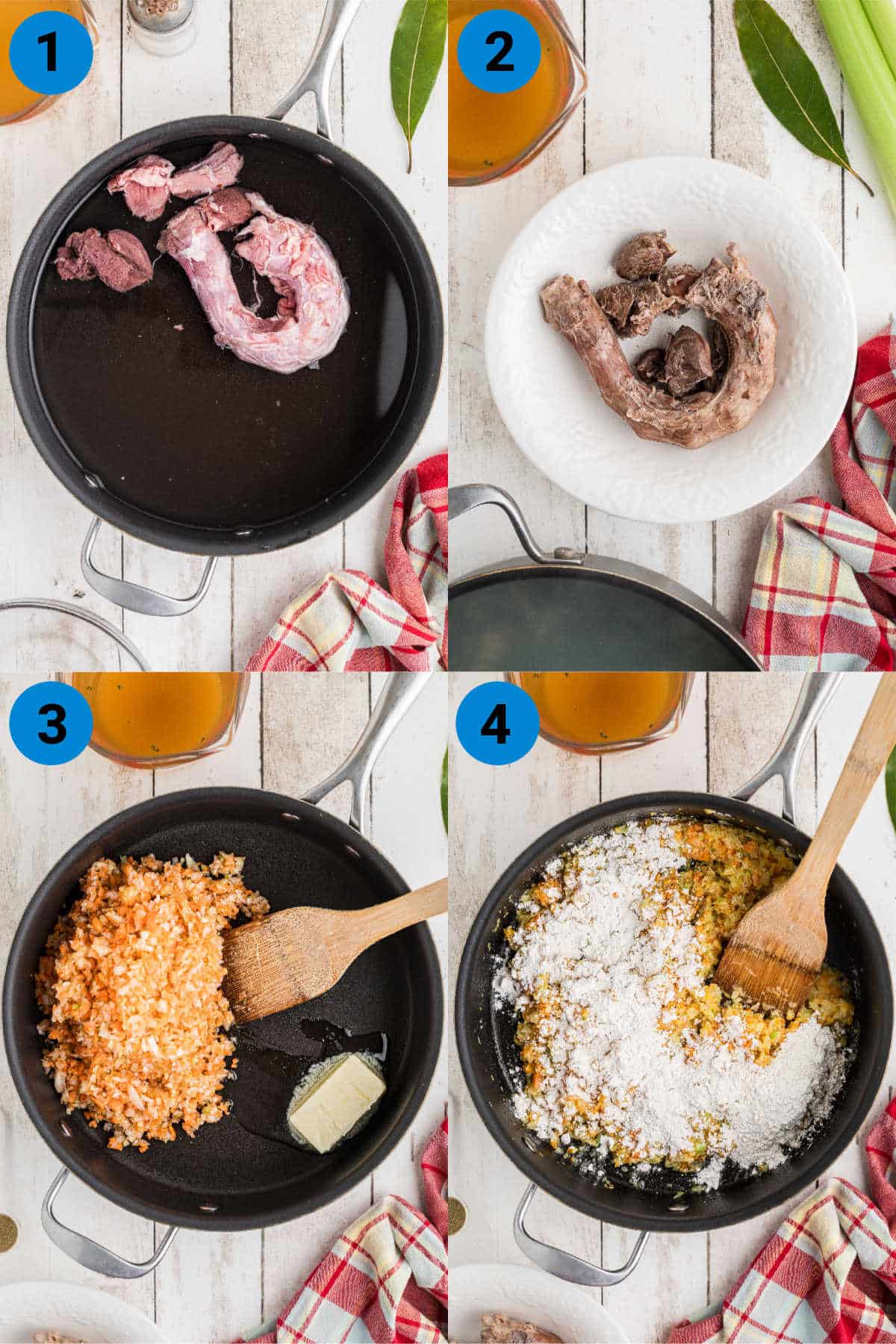 A collage of four images showing how to make a giblet gravy, recipe steps 1 through 4.