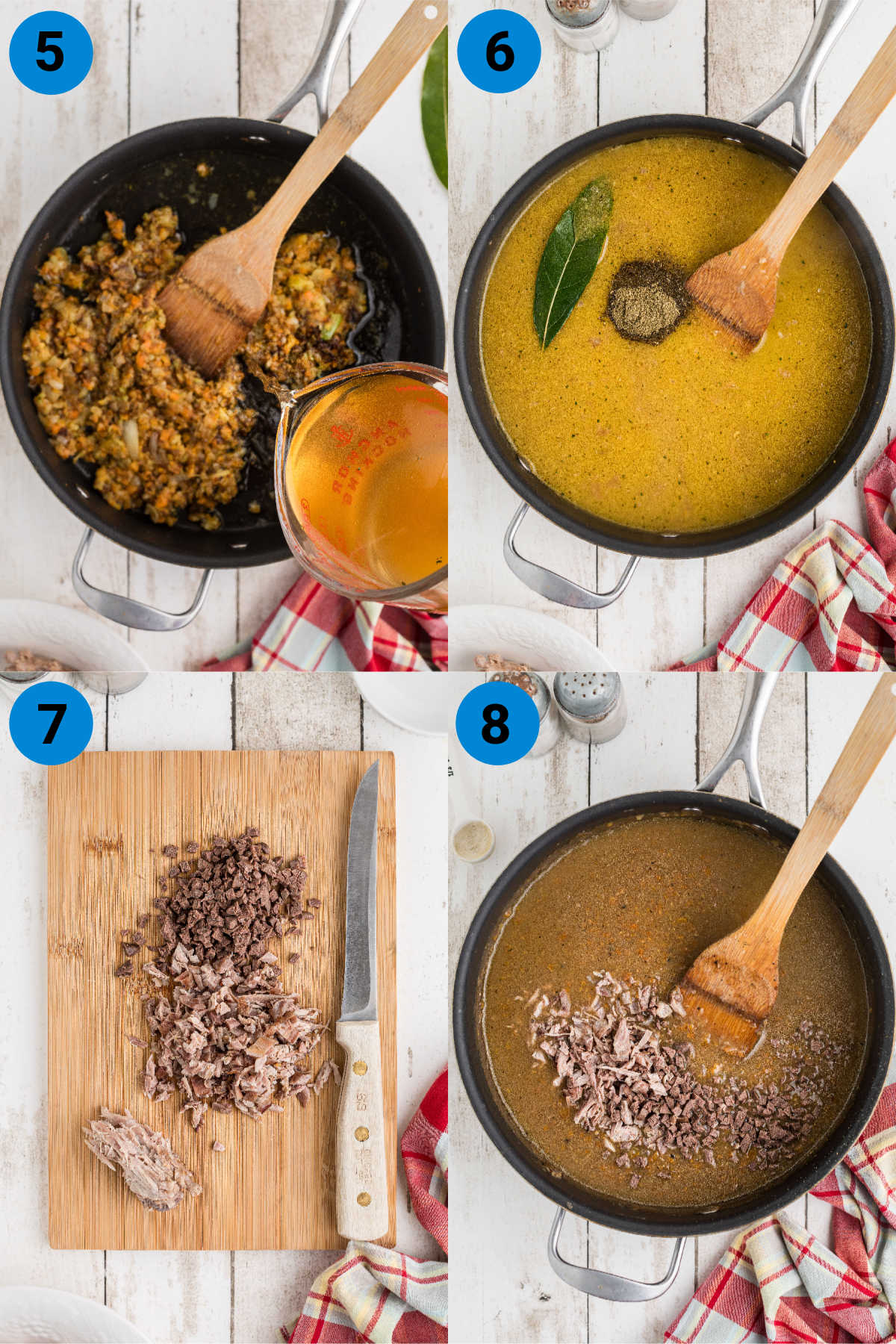 A collage of four images showing how to make a southern giblet gravy recipe, steps 5 through 8.
