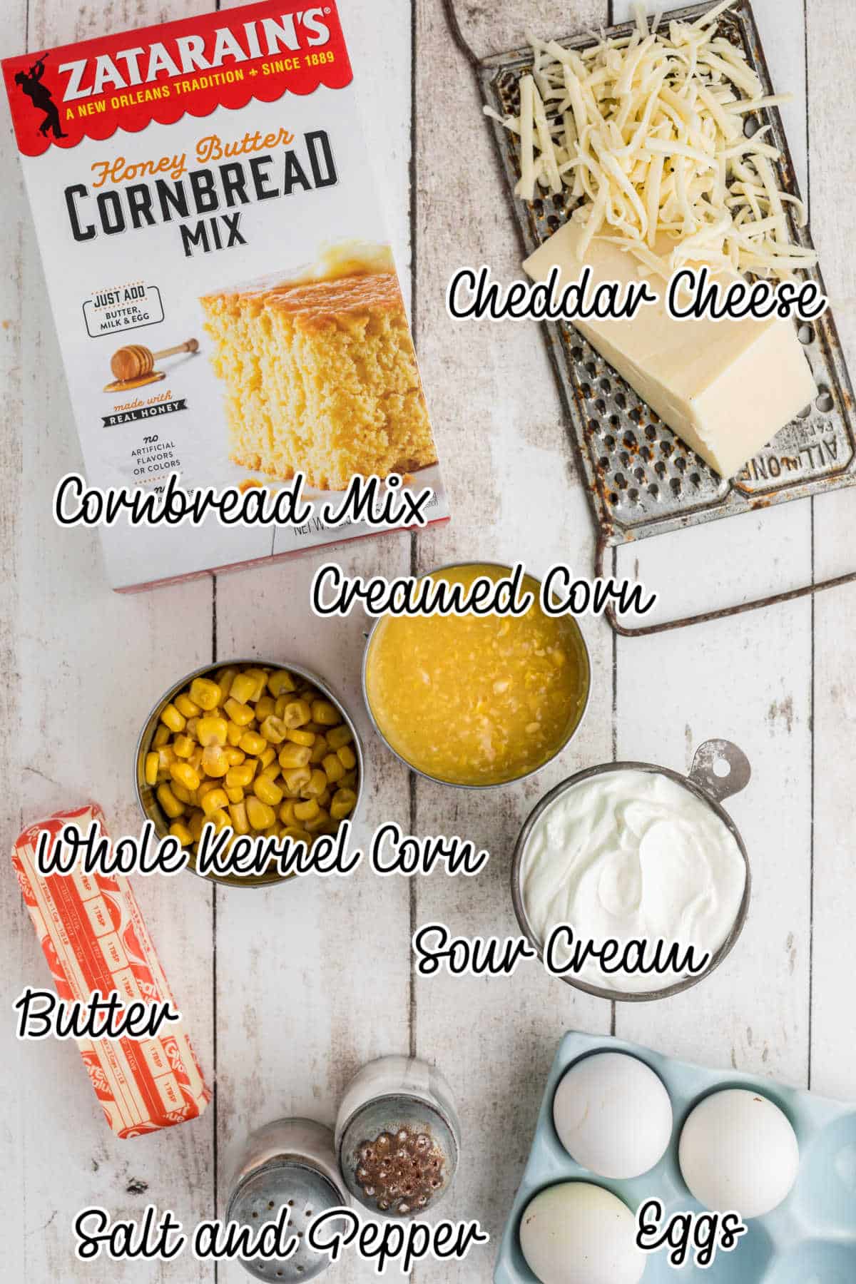Overhead shot of the ingredients needed to make a cornbread pudding, with text overlay.