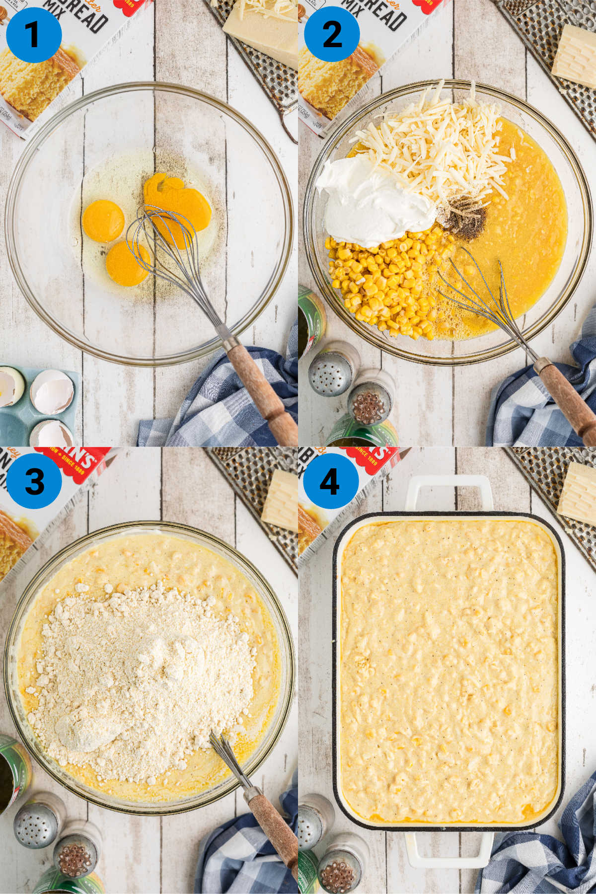 Collage of four images showing how to make cornbread pudding.