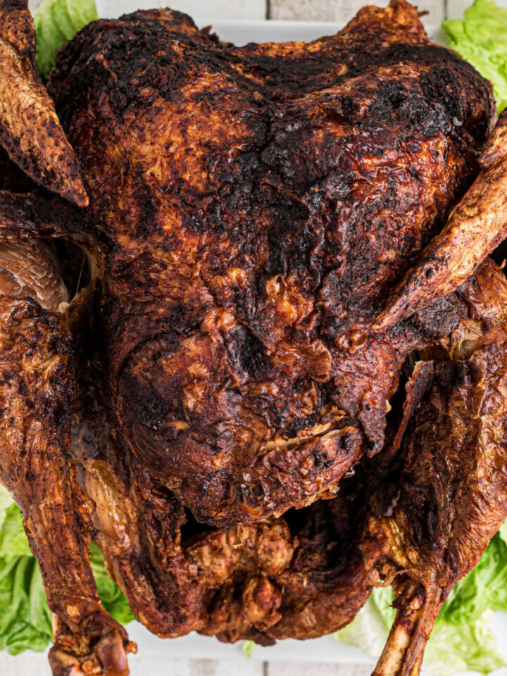 An overhead shot of deep fried turkey, cropped square.