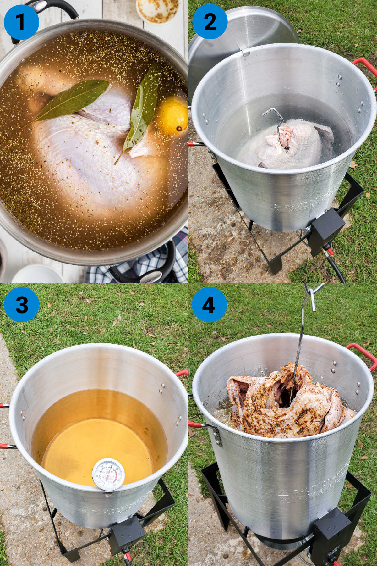 A collage of four images showing how to deep fry a turkey.