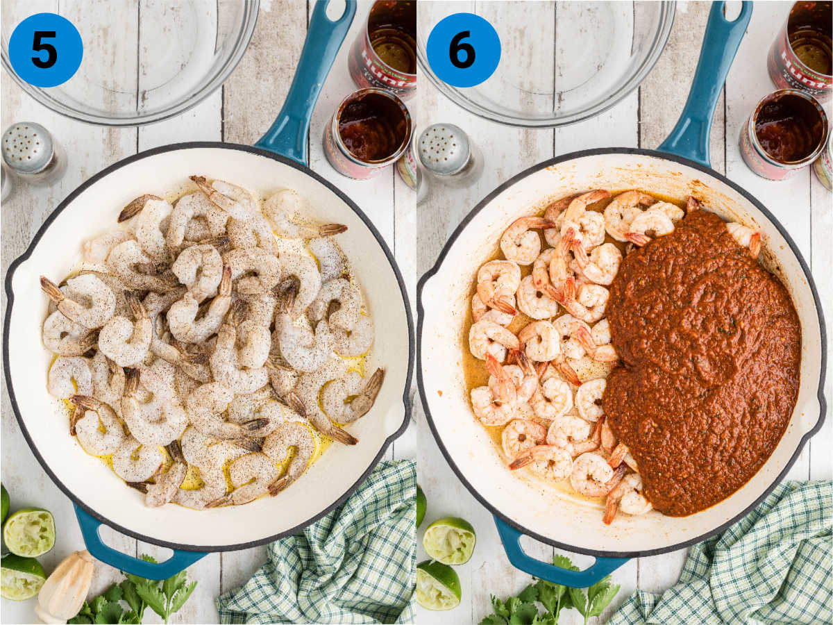 A collage of two images showing how to make deviled shrimp.
