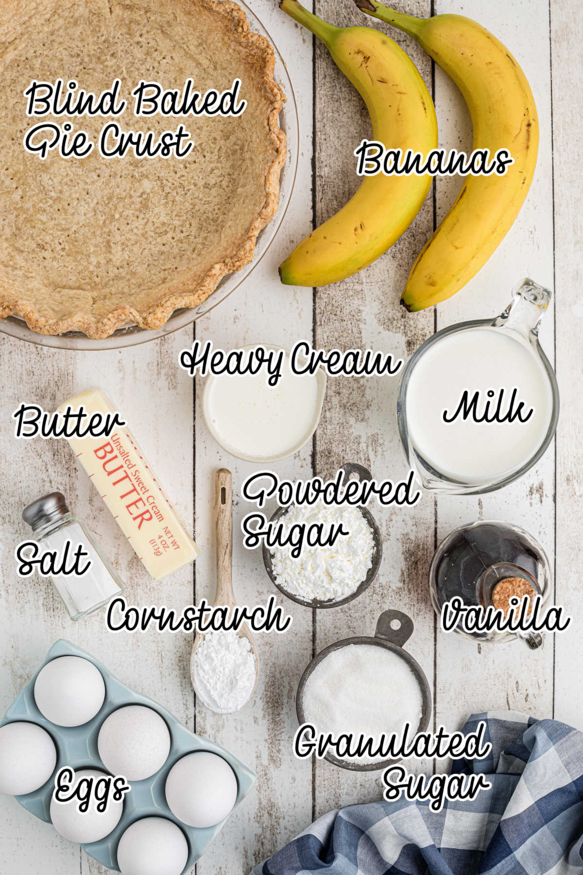 Ingredients needed to make an easy banana cream pie recipe, with text overlay.