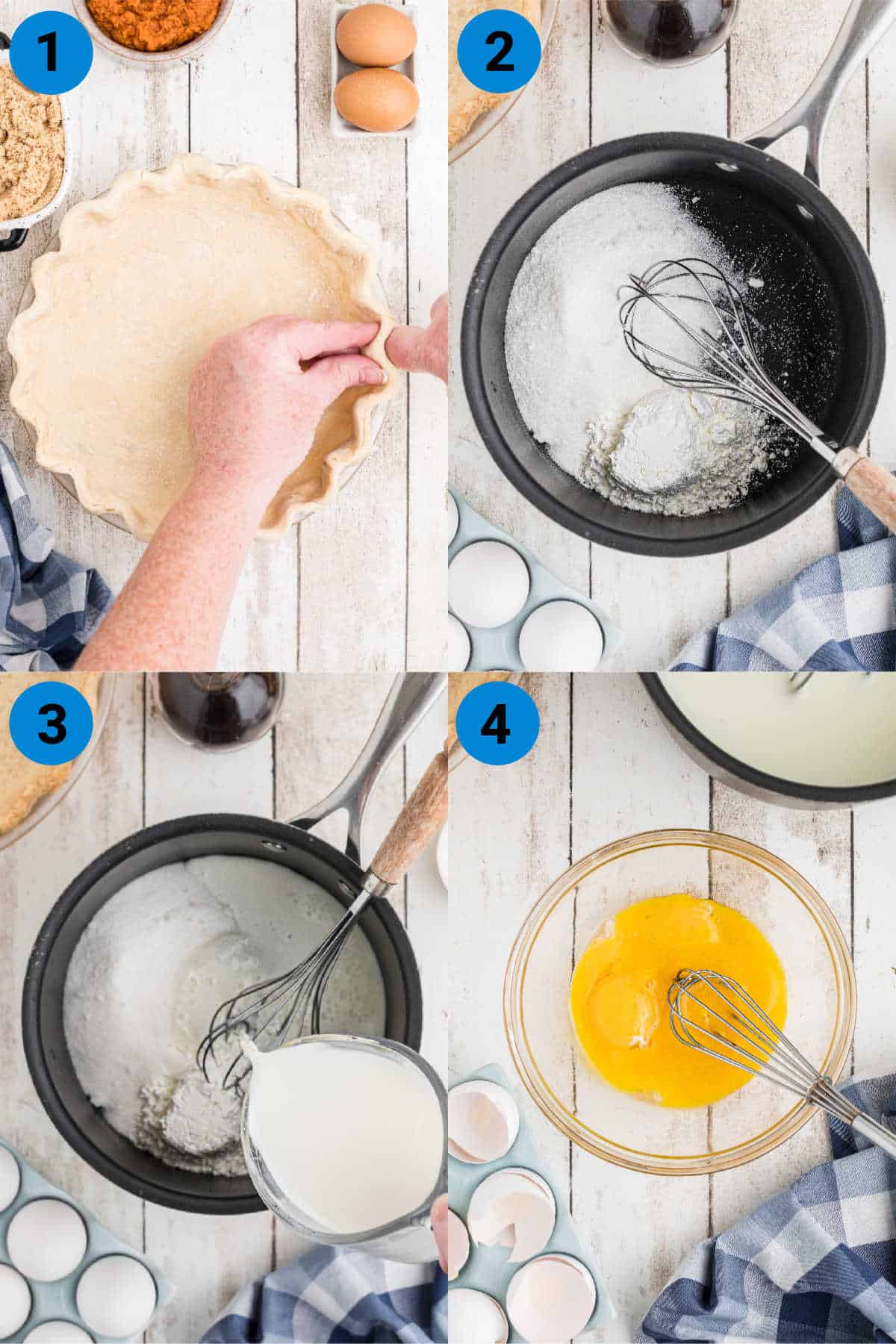 A collage of four images showing how to make an easy banana cream pie.