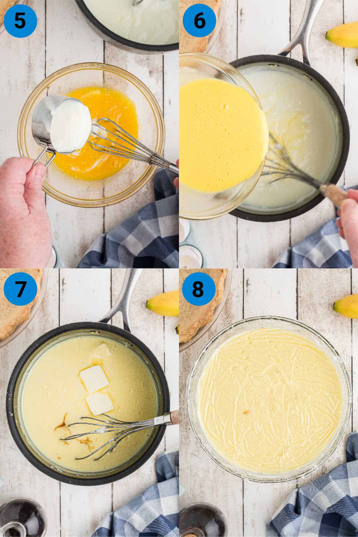 A collage of four images showing how to make an easy banana cream pie, steps 5 through 8.