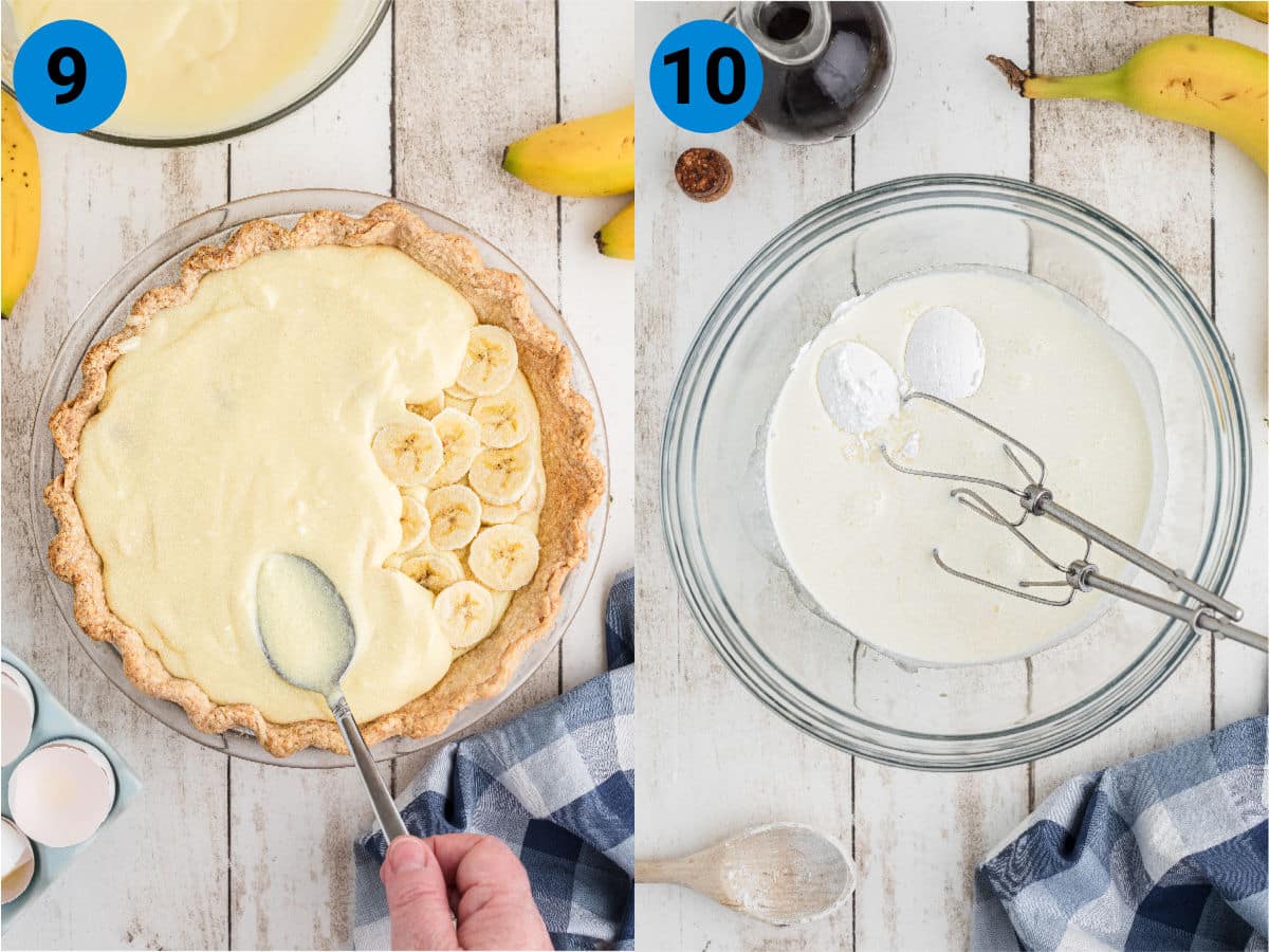 A collage of two images showing how to make a banana cream pie, recipe steps 9 and 10.