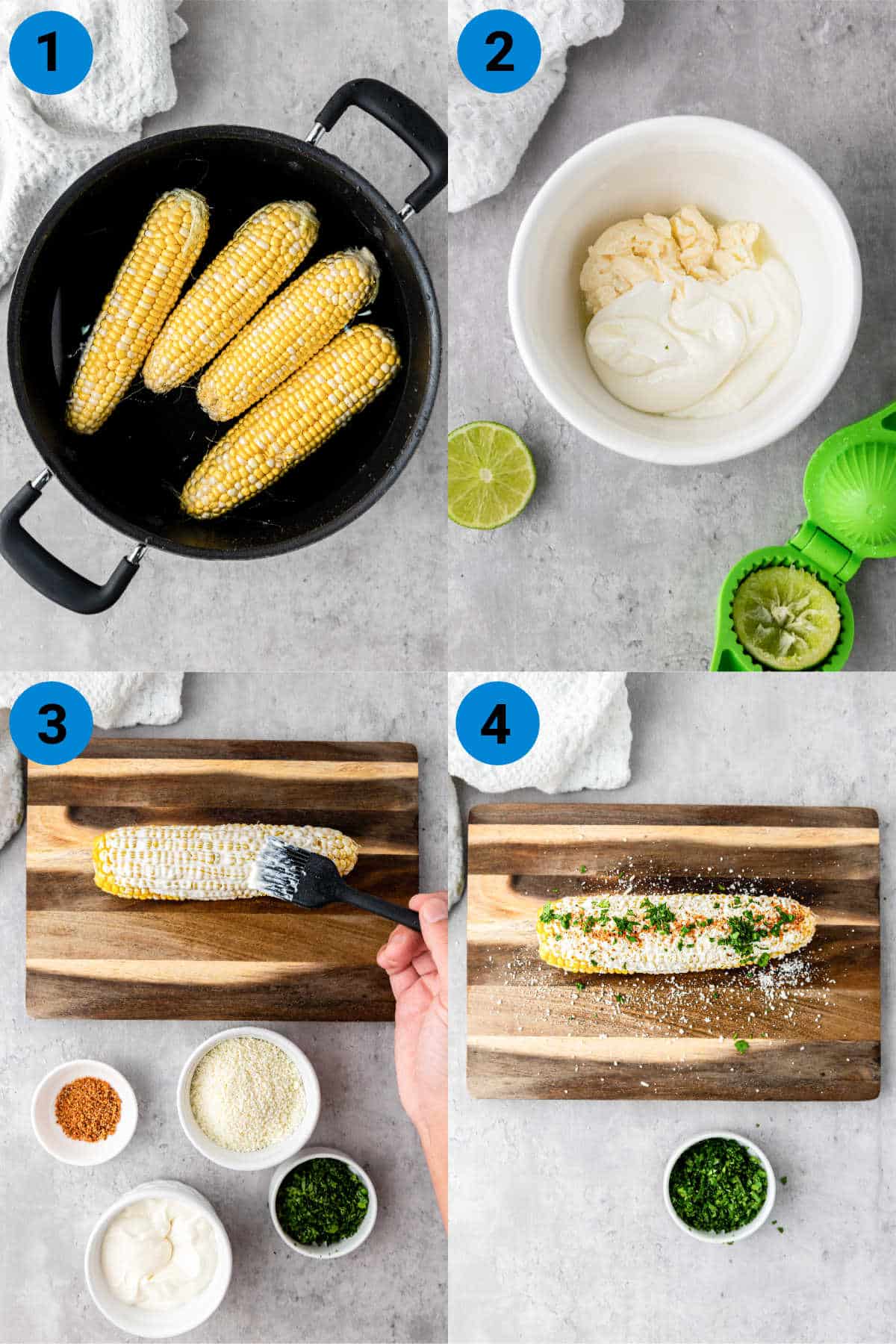 A collage of four images showing how to make Mexican Street Corn, recipe steps 1 through 4.