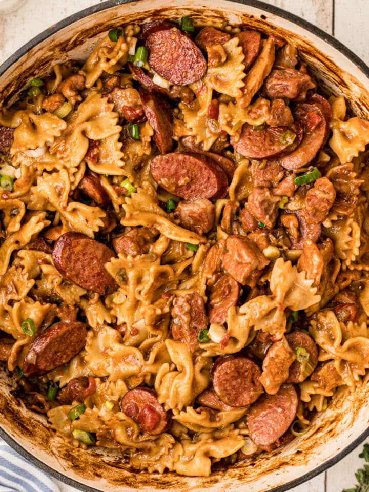 Overhead shot of a pot full of Cajun Pastalaya.