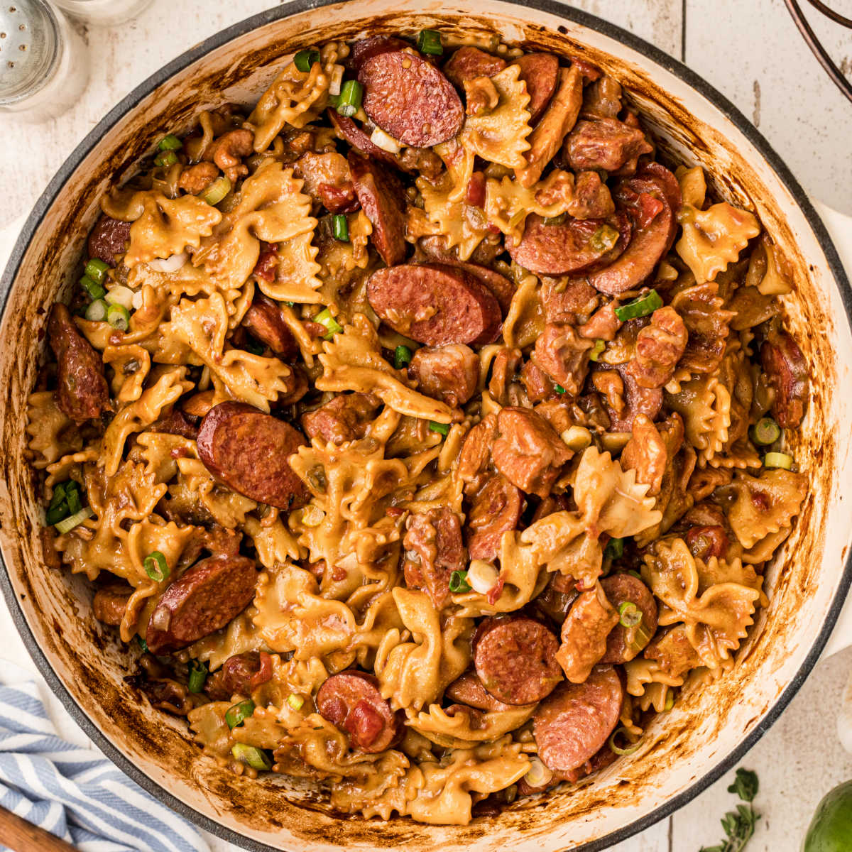 Overhead shot of a pot full of Cajun Pastalaya.