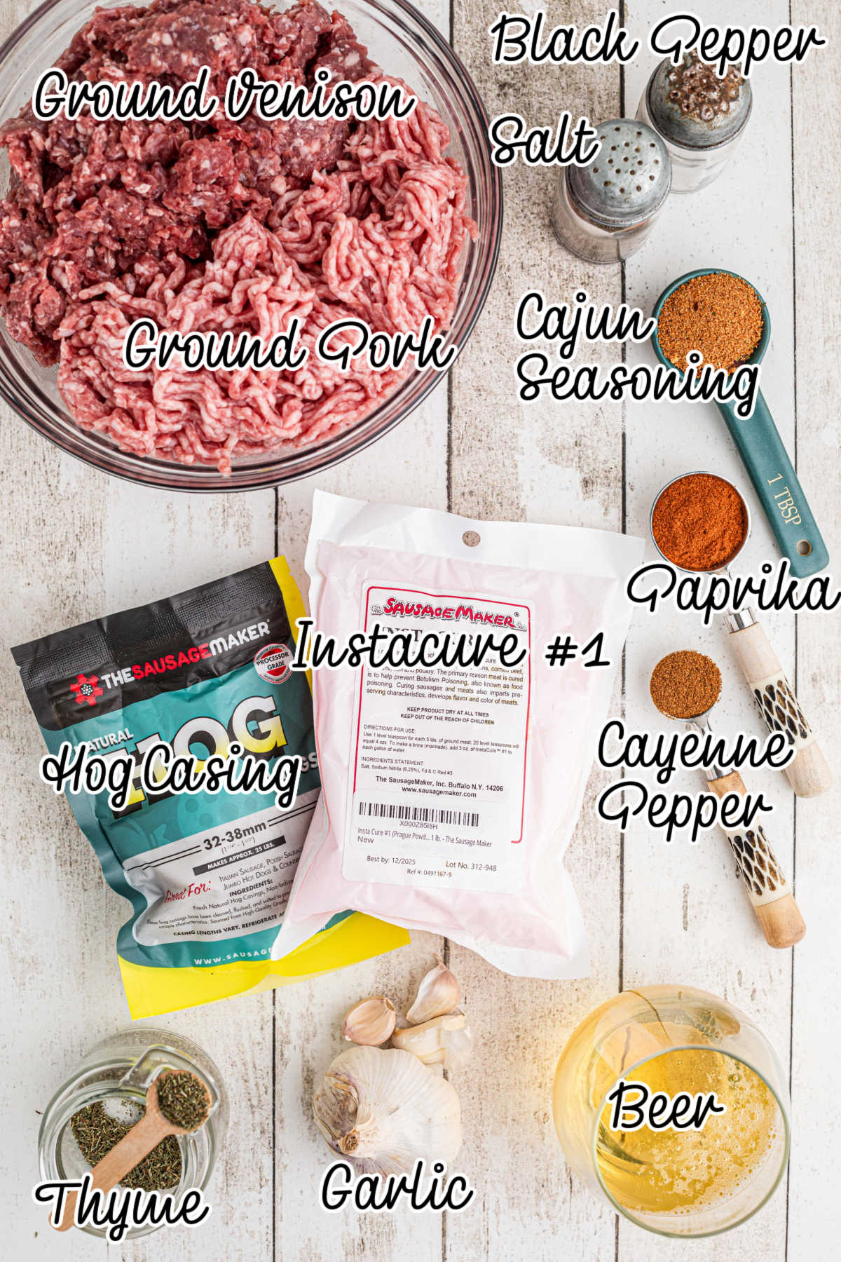 Ingredients needed to make homemade andouille sausage, with text overlay.