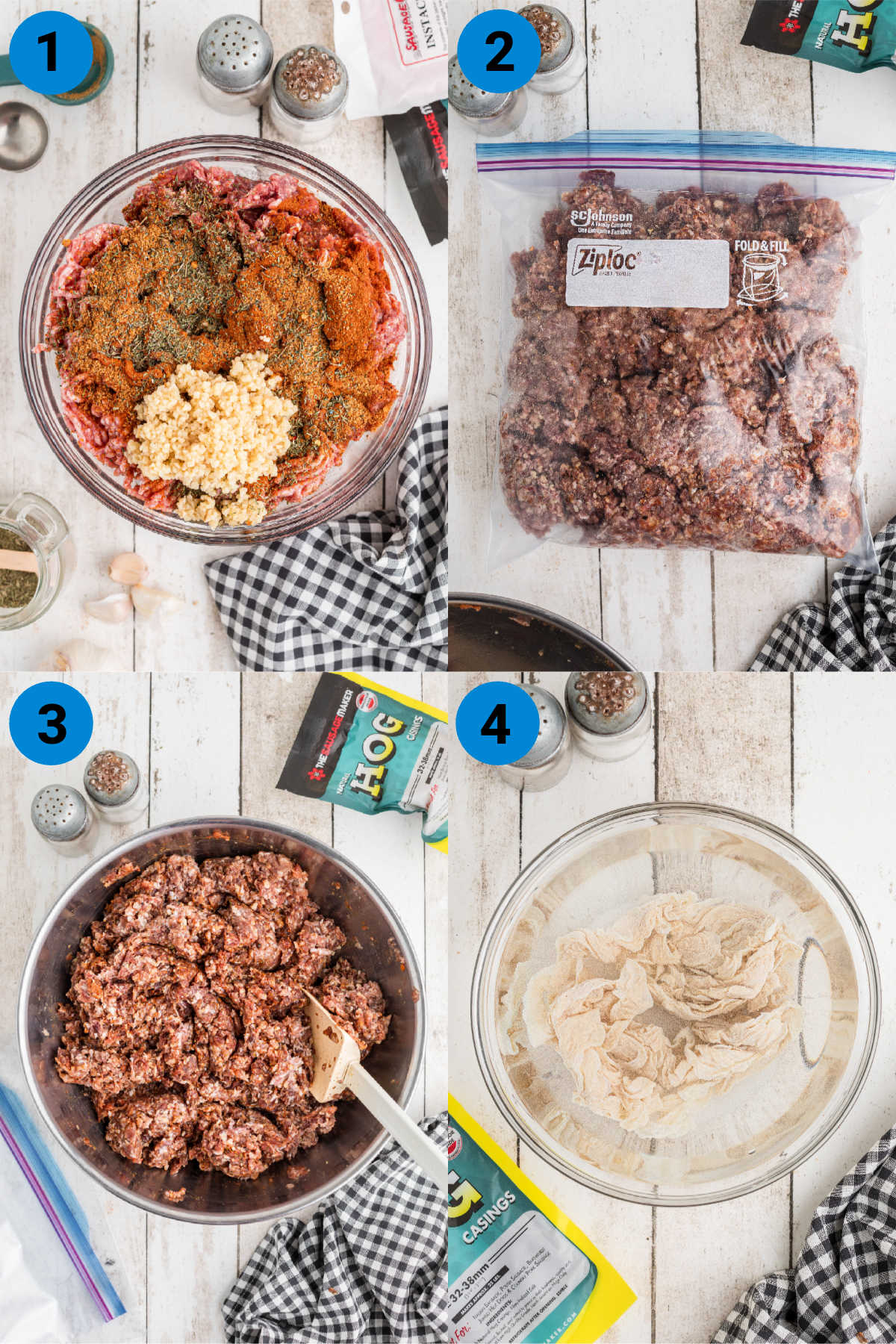 A collage of four images showing how to make andouille sausage, steps 1 through 4.