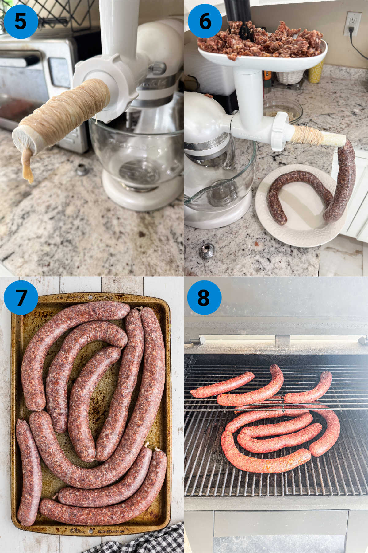 A collage of four images showing how to make andouille sausage, recipe steps 5 through 8.