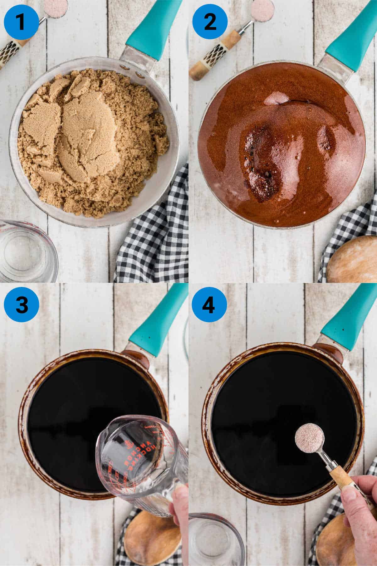 A collage of four images showing how to make a homemade browning sauce.