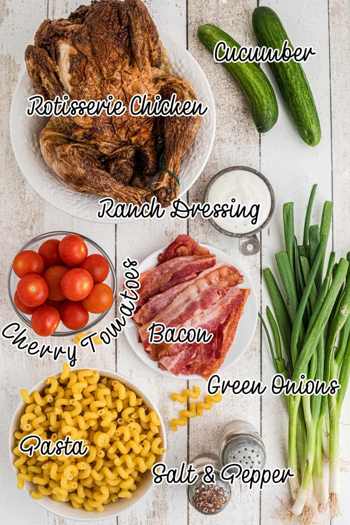 Ingredients needed to make a chicken bacon ranch pasta salad, with text overlay.