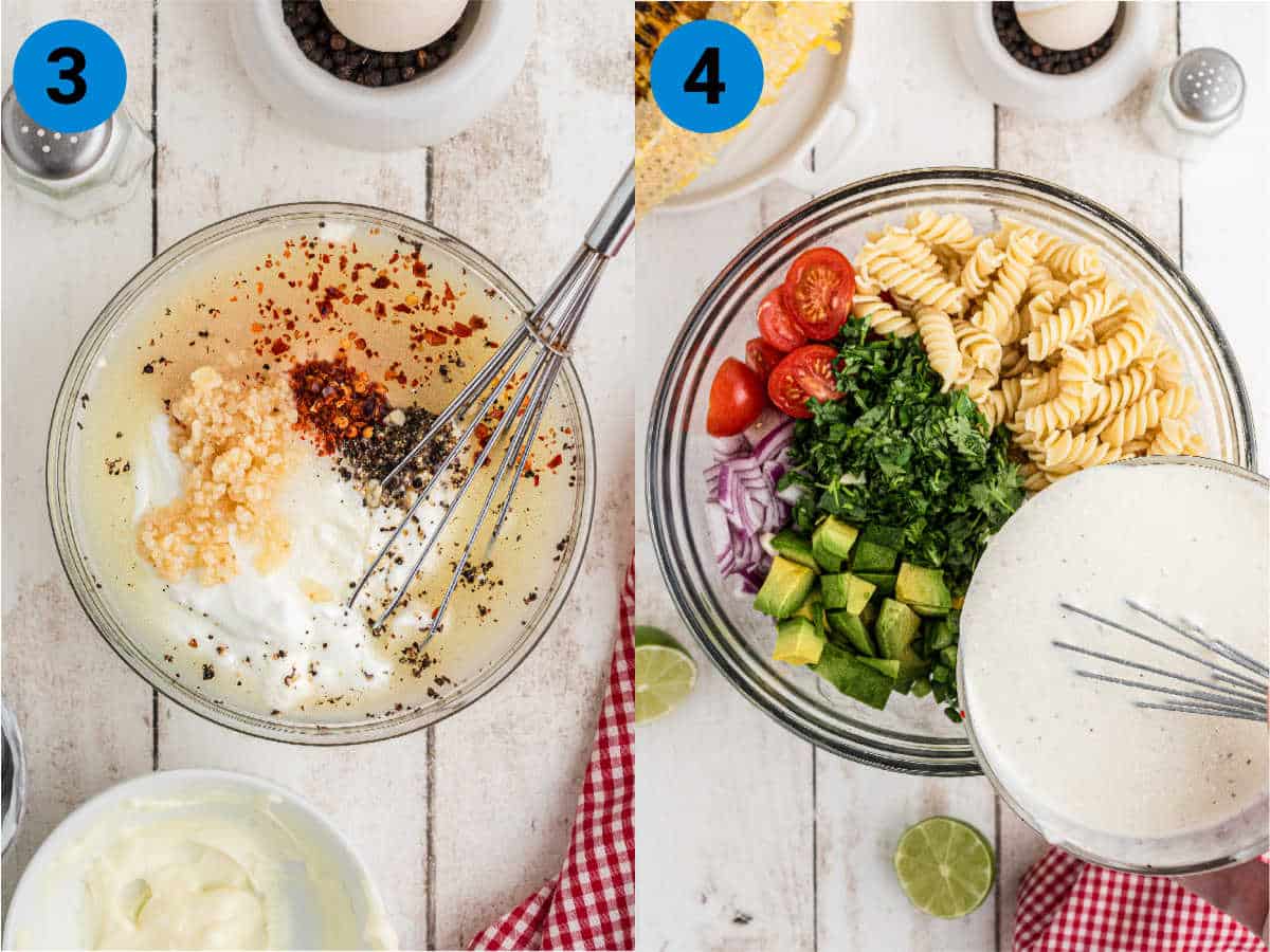 A collage of two images showing how to make the cilantro lime dressing, for this pasta salad.
