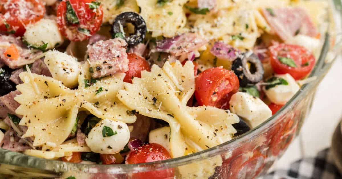 Close up of a bowl full of Italian pasta salad.