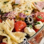 A long image, closeup, of a bowl of Italian Pasta Salad, showing bowtie pasta, feta cheese and olives.
