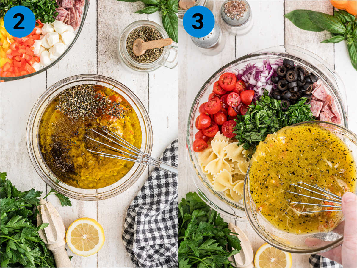Collage of two images showing how to make an Italian Pasta Salad.