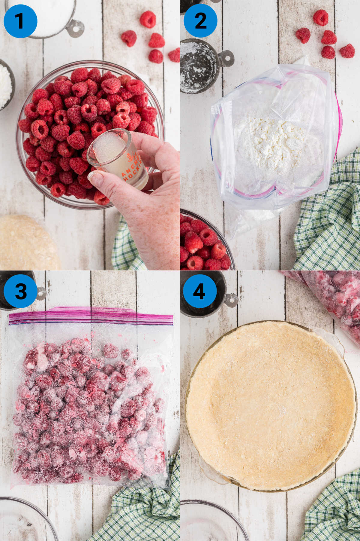 A collage of four images showing how to make raspberry pie.