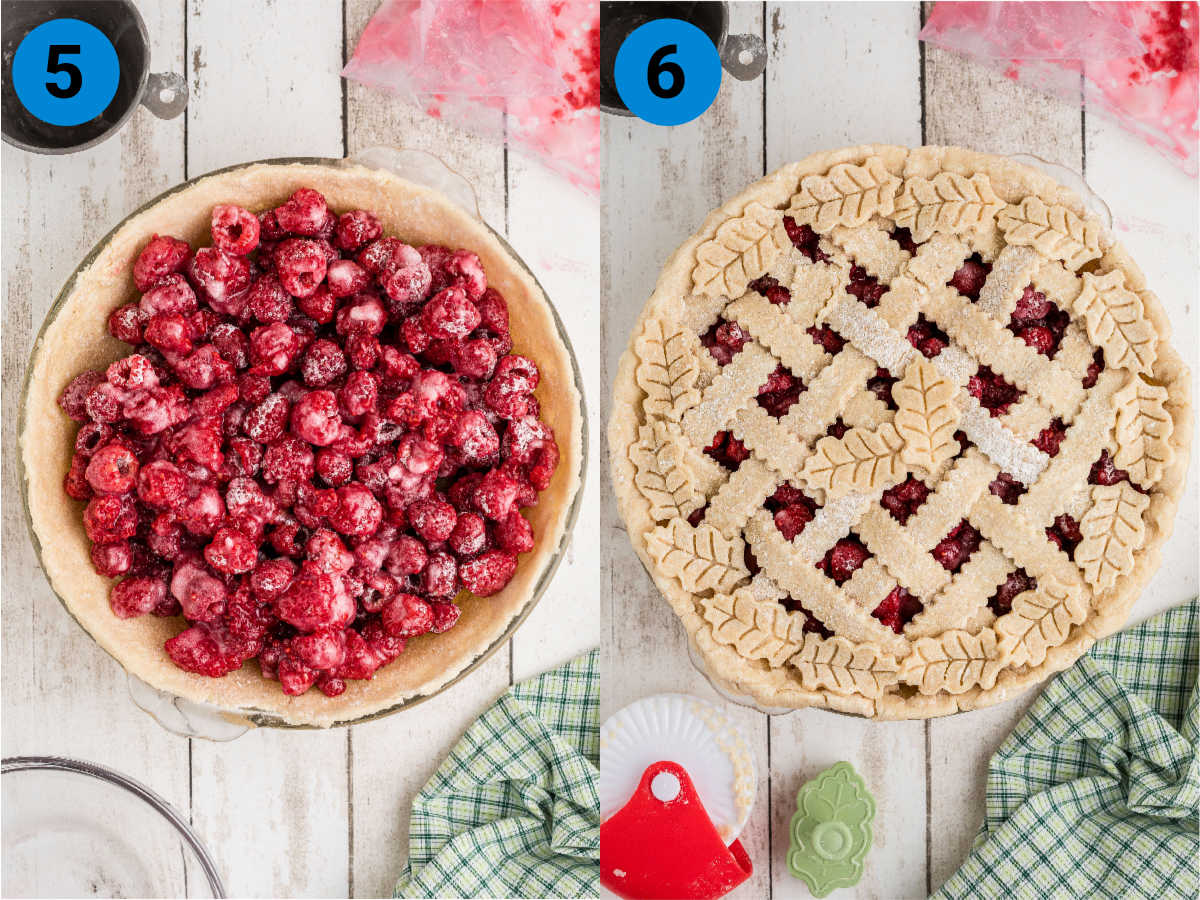 A collage of two images showing how to make a raspberry pie.