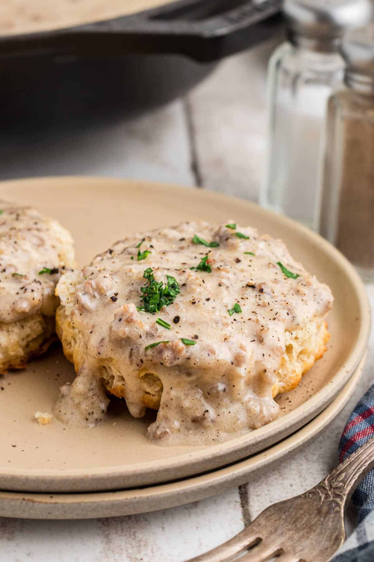 Side shot of biscuits and gravy.