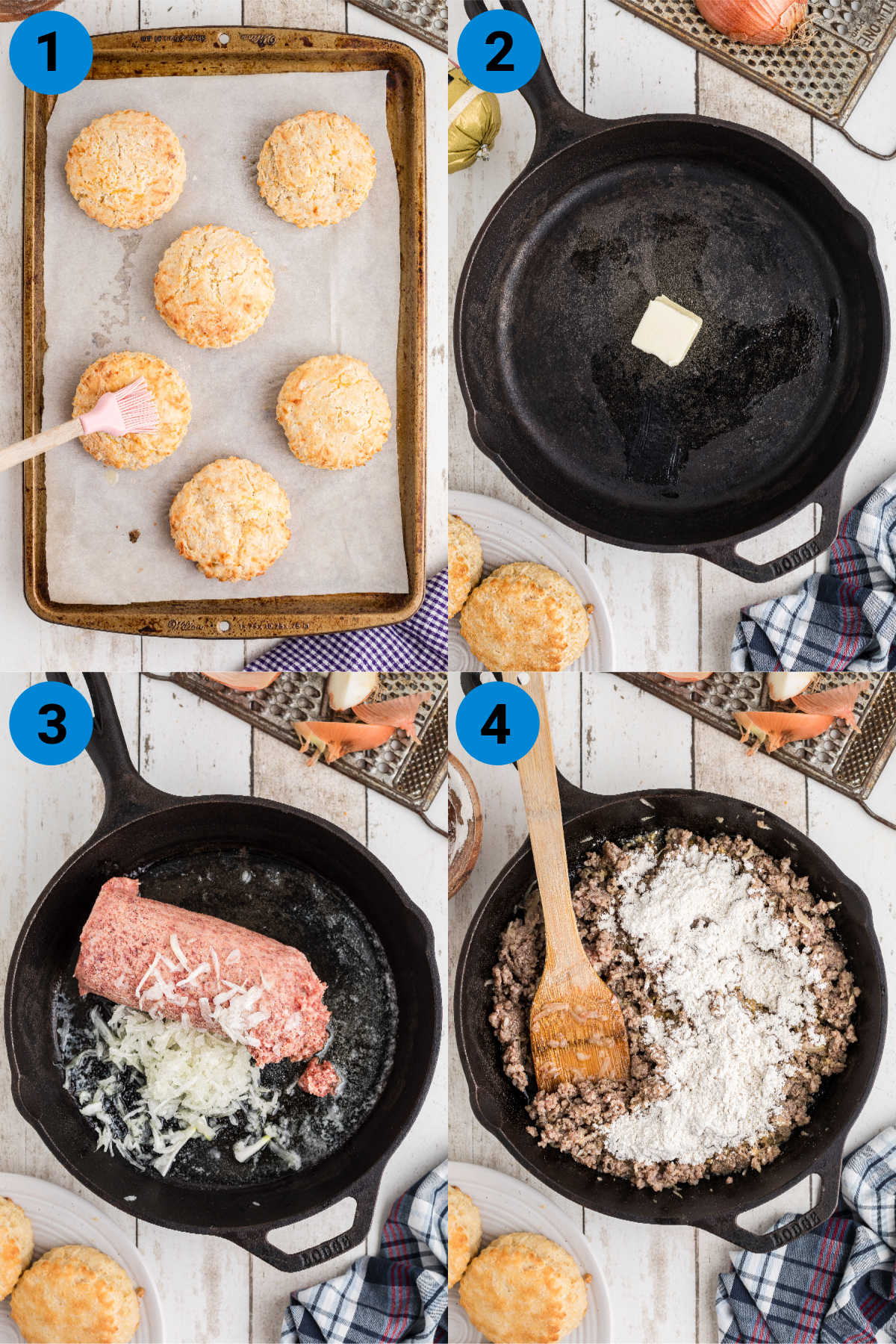 A collage of four images showing how to make biscuits and gravy, recipe steps 1-4.