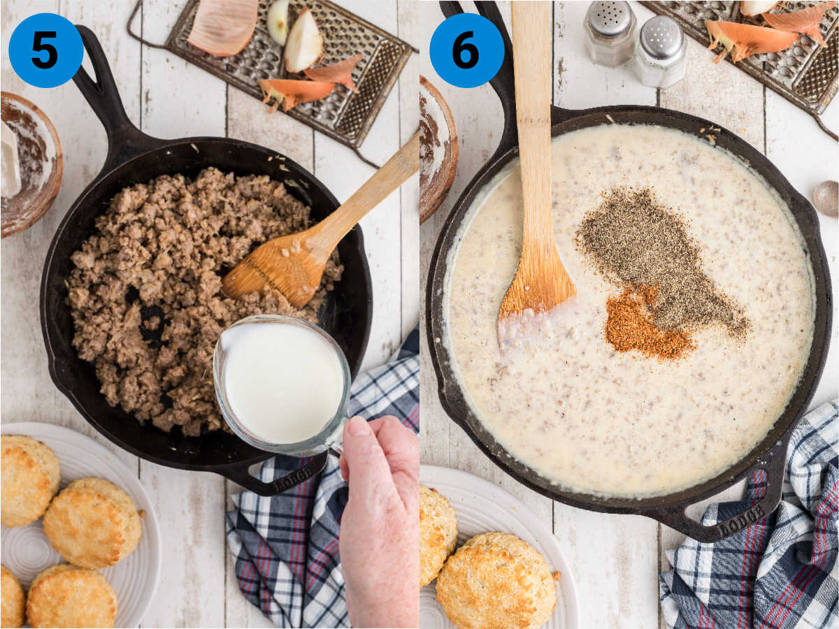 A collage of 2 images showing how to make biscuits and gravy, recipe steps 5-6.