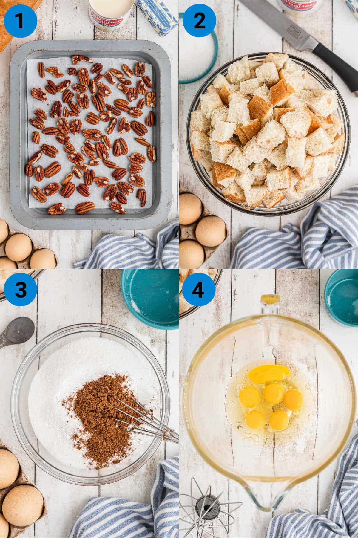 A collage of four images showing how to make bread pudding, recipe steps 1 through 4.