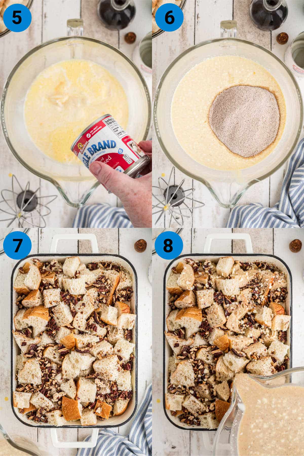 A collage of four images showing how to make bread pudding, recipe steps 5 through 8.