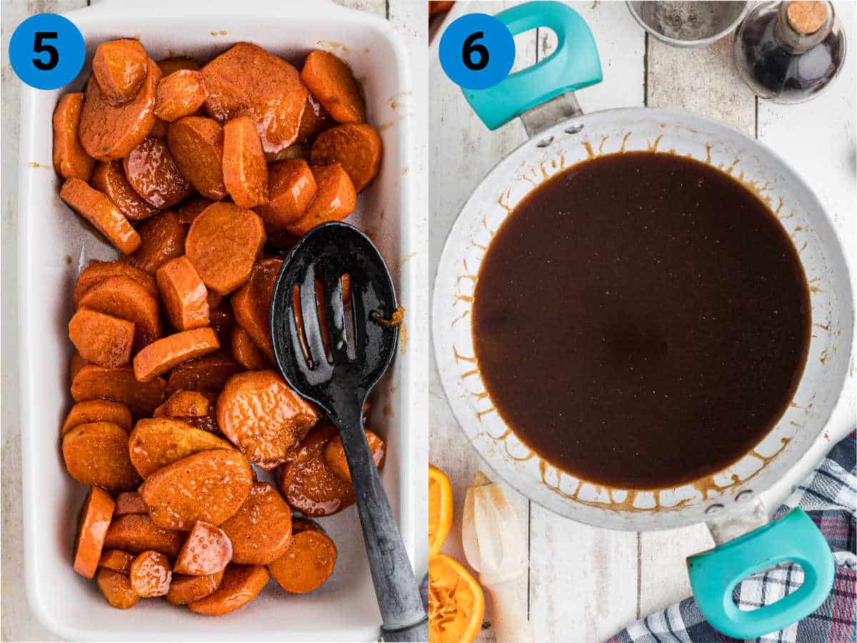 A collage of 2 images showing how to make candied yams, recipe steps 5-6.