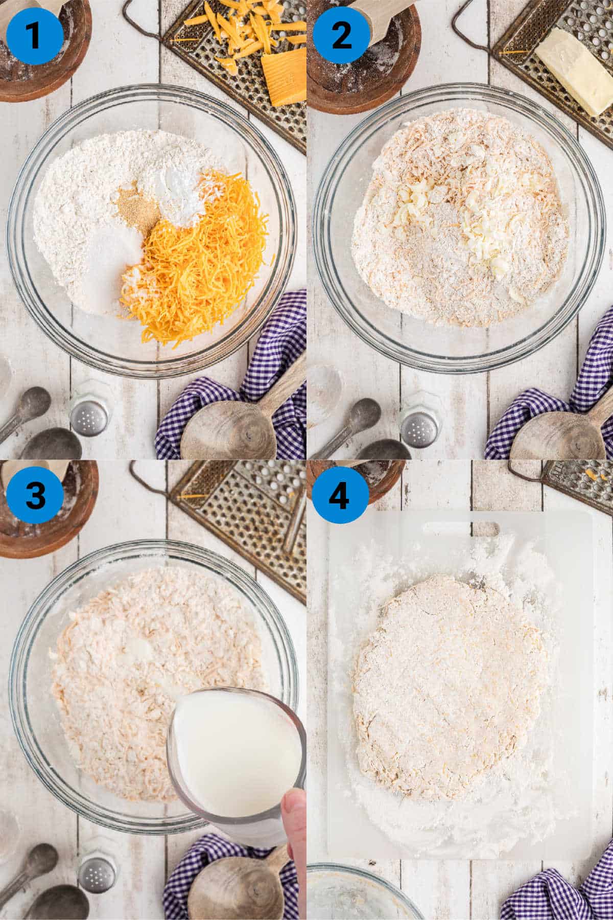 A collage of four images showing how to make cheesy biscuits, recipe steps 1 through 4.