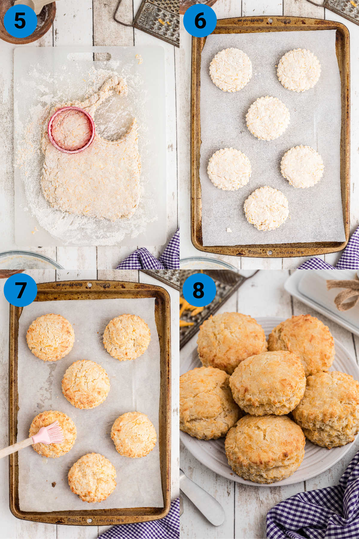 A collage of four images showing how to make cheese biscuits, recipe steps 5 through 8.