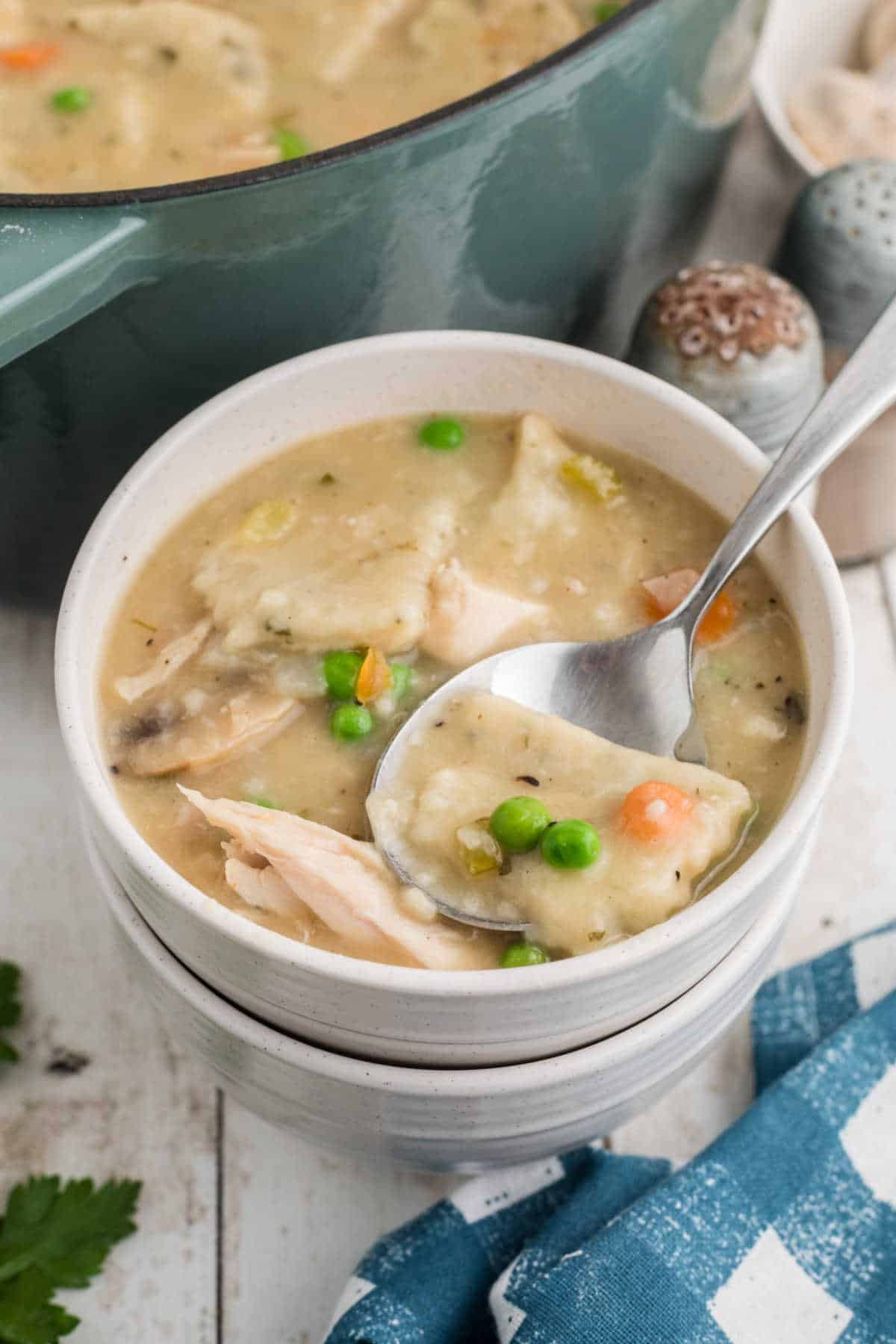 A bowl of chicken dumpling soup with a spoon digging in.