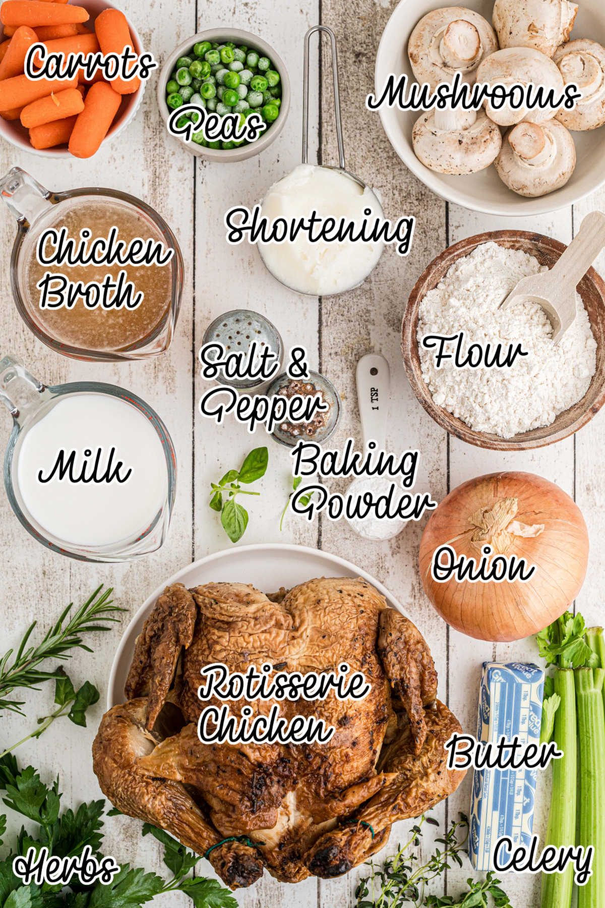 Ingredients needed to make a chicken dumpling soup, with text overlay.
