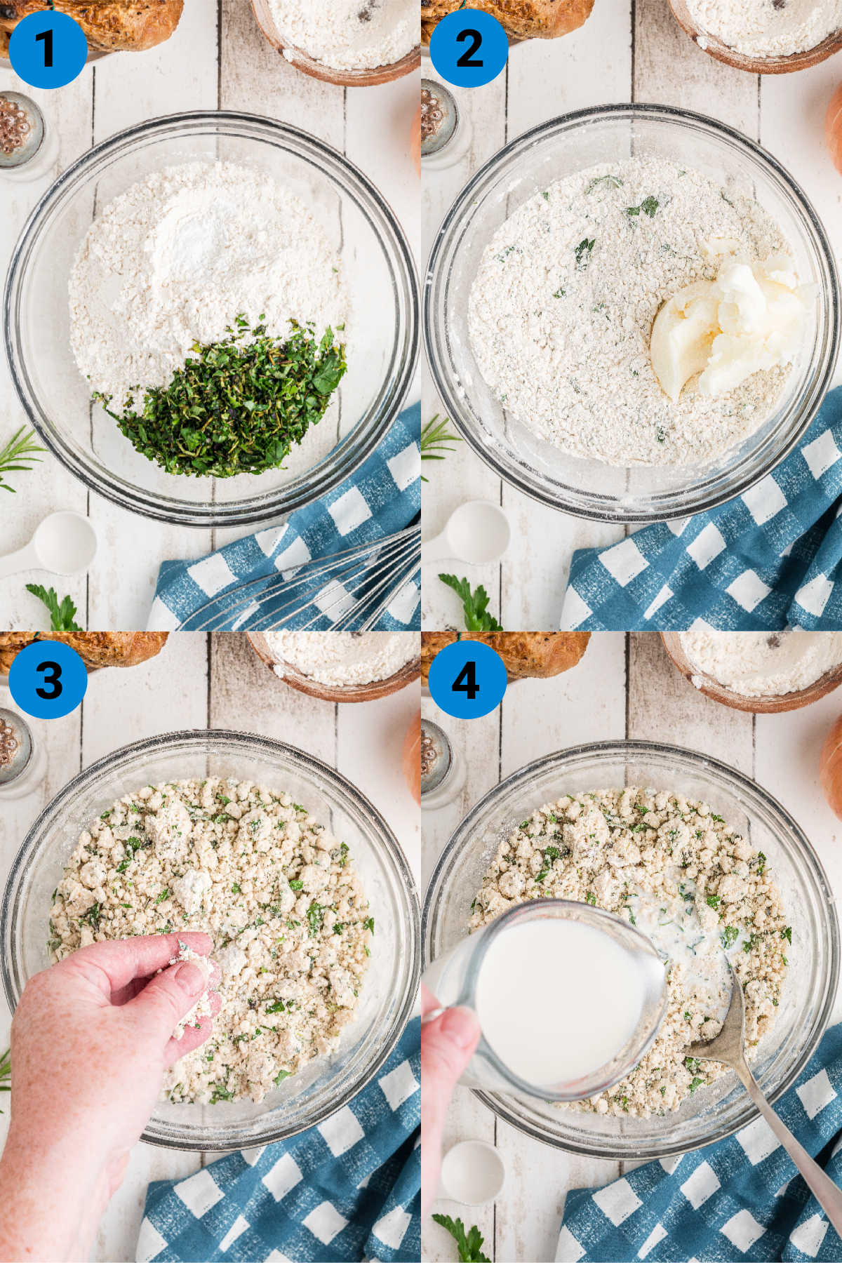 A collage of four images showing how to make chicken dumpling soup, recipe steps 1-4.