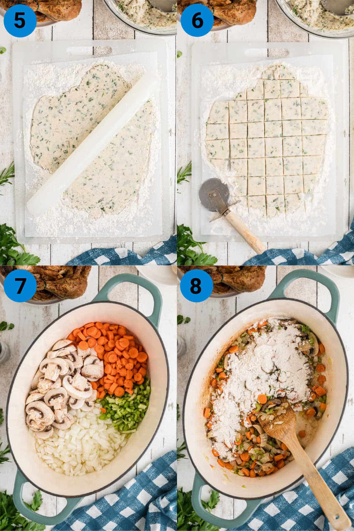 A collage of four images showing how to make chicken dumpling soup, recipe steps 5-8.