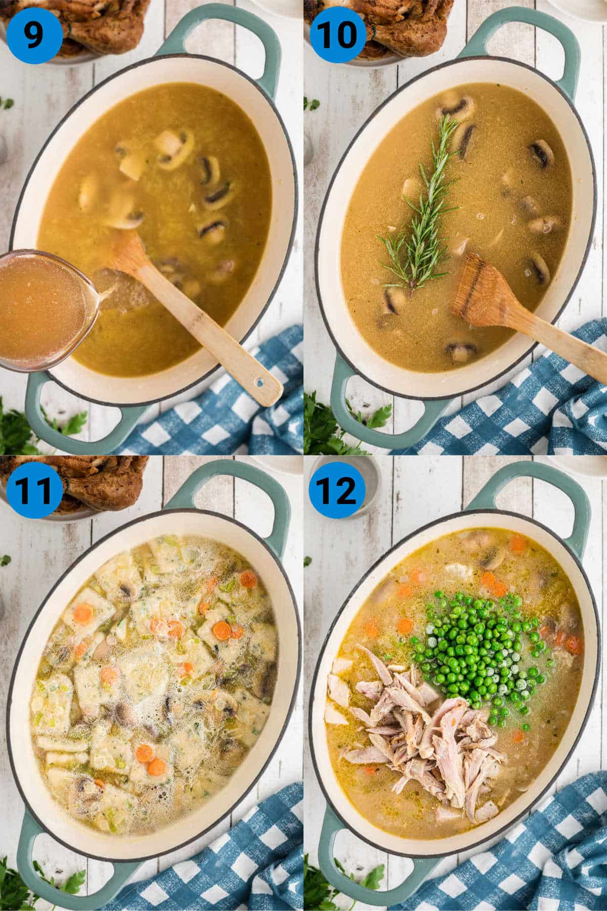 A collage of four images showing how to make chicken dumpling soup recipe steps 9-12.