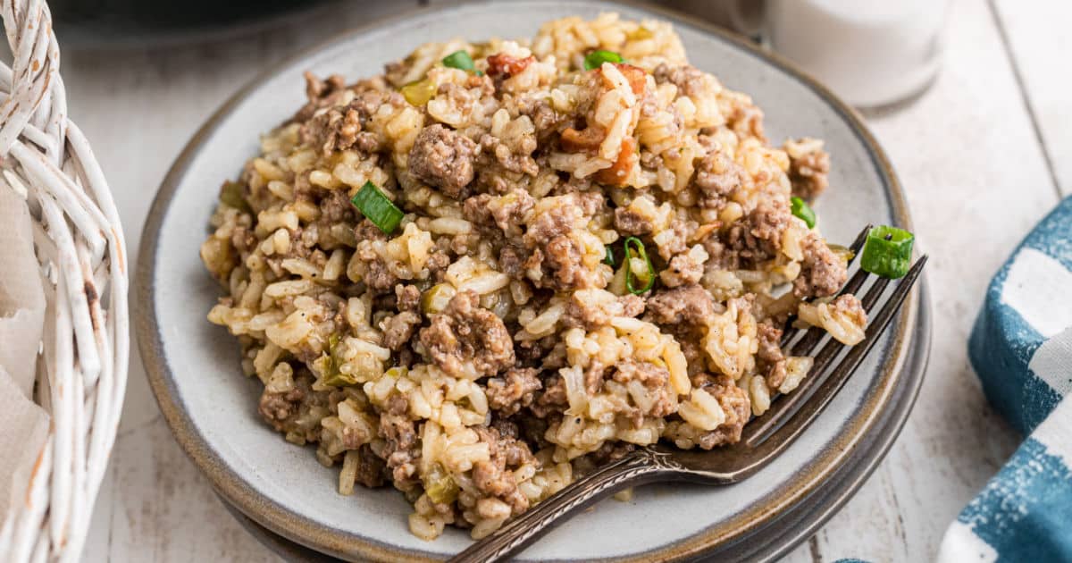 Close up of a plate full of dirty rice.