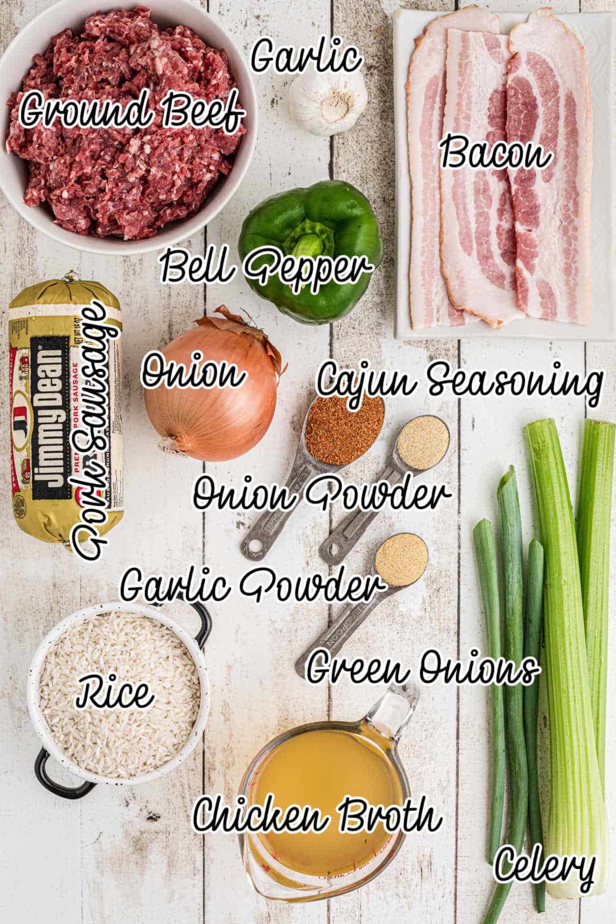 Ingredients laid out showing what is needed to make dirty rice, with text overlay.