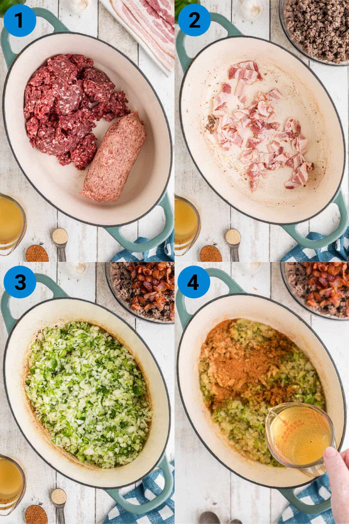 A collage of four images showing how to make Louisiana dirty rice, steps 1-4.